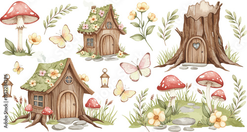 Whimsical illustration of miniature houses and mushrooms in a forest with flowers and butterflies