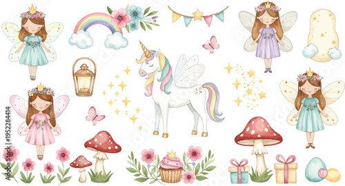 Whimsical illustrations of fairy tale princesses and magical creatures in a fantastical garden setting with flowers and mushrooms