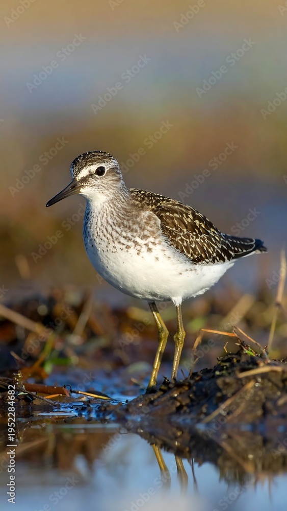 Fototapeta premium A small shorebird stands in shallow water with a blurred background