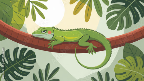 Green lizard resting on a branch surrounded by lush tropical leaves in a serene jungle environment with sunlight