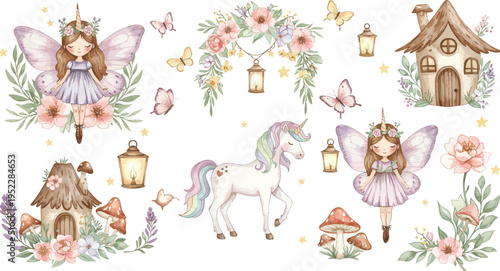 Whimsical fairy creatures and fantasy houses with flowers and lanterns in a magical setting with a white horse