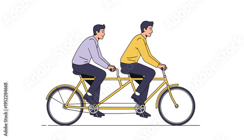 Two men riding a tandem bicycle in a colorful illustration