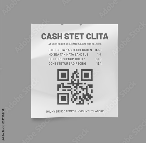 Receipt with QR code, paper cash payment bill or purchase slip, realistic vector isolated mockup. Paper cash receipt with QR code, items price and payment details for shop or store receipt template