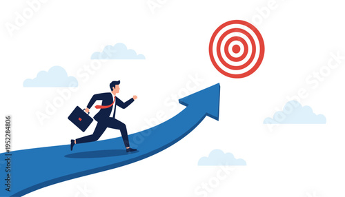 Businessman running towards a target on an upward arrow symbolizing career growth and goal achievement in a professional setting with optimism
