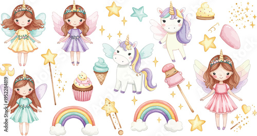 Whimsical illustration of cartoon girls fairies unicorns rainbows and stars in pastel colors for children s design