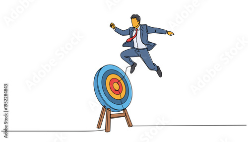 Businessman jumping over a target board with a sense of accomplishment and confidence