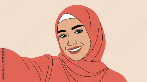 Smiling woman wearing red hijab and white underscarf taking selfie with warm beige background