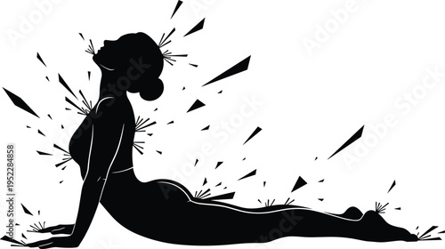 Black silhouette yoga upward facing dog pose with energy burst lines, dynamic spiritual illustration symbolizing strength, healing, transformation, personal growth