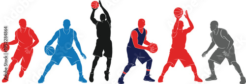 Colorful basketball silhouettes of players dribbling, shooting, defending, dynamic sports illustration showing motion, teamwork, energy,  shooting, defending,