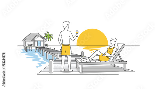 Couple enjoying a romantic sunset on a tropical pier with a beach house and palm tree in the background