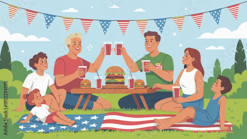Family enjoying a festive outdoor picnic with burgers and drinks on a sunny day with american flag decorations