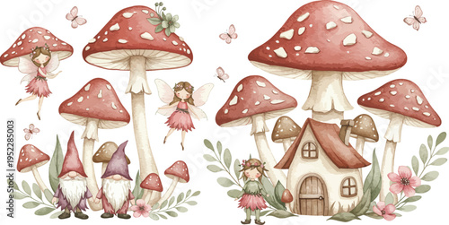 Whimsical illustration of mushrooms and tiny people in a fantasy forest with a mushroom house and flowers