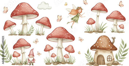 Whimsical illustration of red mushrooms and a fairy house in a forest clearing with flowers and leaves and butterflies