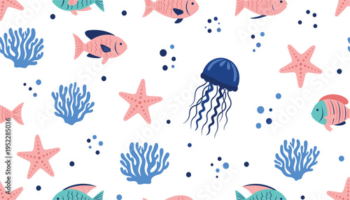 Underwater scene with various sea creatures and coral on white background
