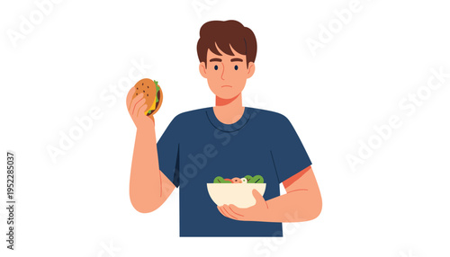 A man choosing between a healthy salad and an unhealthy burger
