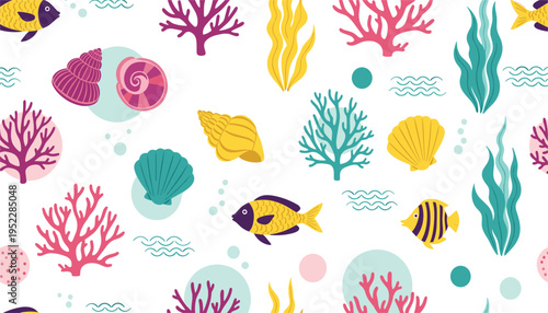 Vibrant underwater scene with colorful fish corals and shells on white background