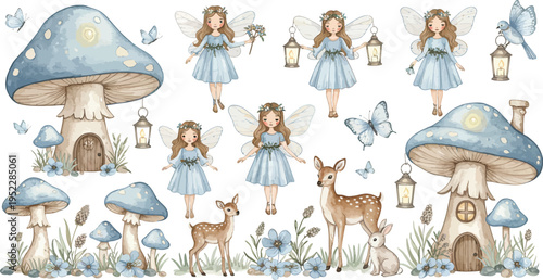 Whimsical fairy tale scene with mushroom houses and magical creatures in a forest setting with fairies and animals