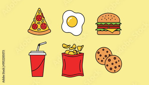 A variety of popular fast food items including pizza egg burger soda chips and cookies