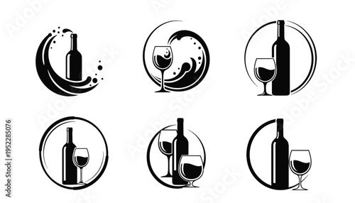 Six black and white wine bottle and glass illustrations with artistic circular designs