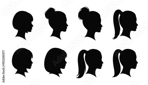 Eight black silhouette profiles of women with various hairstyles on white background