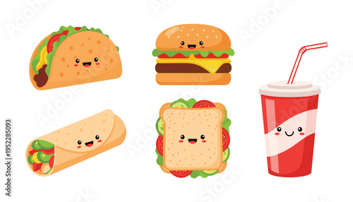 Cute cartoon fast food items with smiling faces on a white background