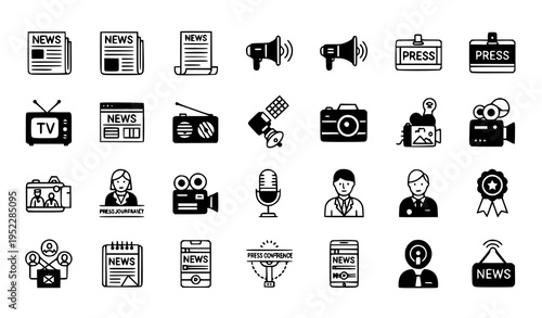 Journalism and News Glyph Solid Icons Set with Mass Media Broadcast Press Reporter Symbols Vector