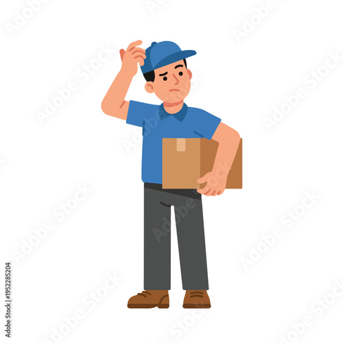 vector of a courier standing confused carrying a package
