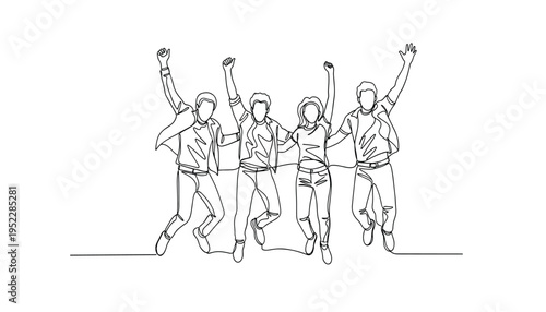Four people jumping in the air with their arms raised in celebration and excitement together
