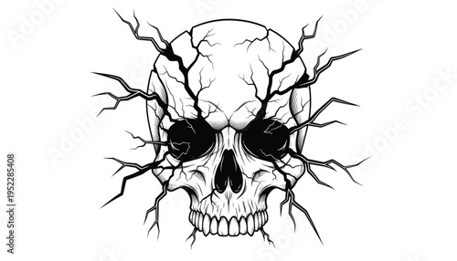 A cracked skull with lightning bolts emanating from the eye sockets and mouth creating a haunting and eerie visual effect on a white background