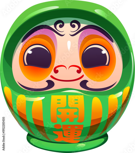 Traditional Japanese Daruma doll symbol of good luck with Kanji characters in green and orange colors with smiling face and large round eyes. Vector green Daruma doll with Japanese hieroglyphs