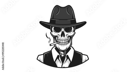 A skeleton dressed in a suit and fedora smokes a cigarette with a sly expression on its skull