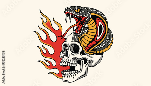 A snake emerges from a flaming skull its mouth open in a fierce hiss symbolizing danger and mortality in a striking visual representation