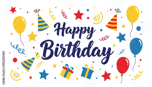 Vibrant happy birthday celebration with colorful balloons and party hats