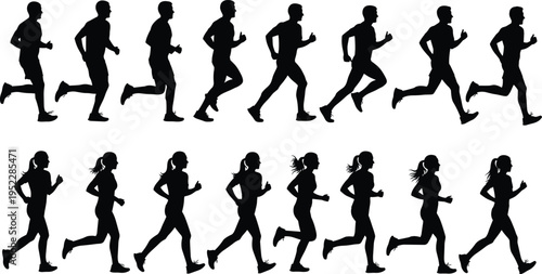 Running sequence silhouettes illustration, male and female athletes in stride motion, sports biomechanics artwork, dynamic fitness posture representation design