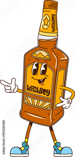 Cartoon groovy whiskey bottle or alcohol drink character with funky face, vector beverage. Groovy whiskey bottle drink character in hipster shoes with happy funny smile emotion and cool gesture