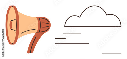 Online communication, digital marketing, cloud services, data transfer, technology integration, content sharing. A megaphone and a connected cloud with clean lines. Digital marketing and online