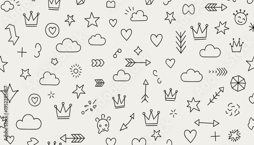 A whimsical pattern of hand drawn doodles featuring crowns hearts stars clouds and arrows on a cream background