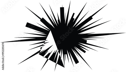 A black explosion or burst of energy on a white background with sharp lines radiating outward in all directions dynamically