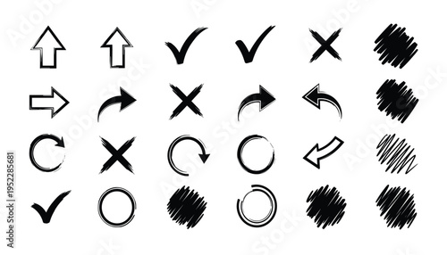 A collection of 20 hand drawn black arrow and checkmark icons on a white background for user interface design and navigation