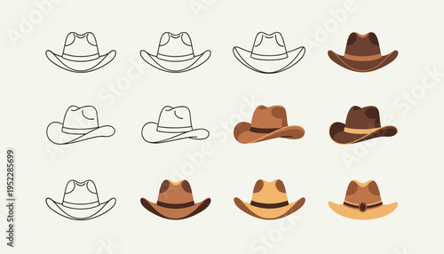 A collection of 12 cowboy hat illustrations in various styles and colors