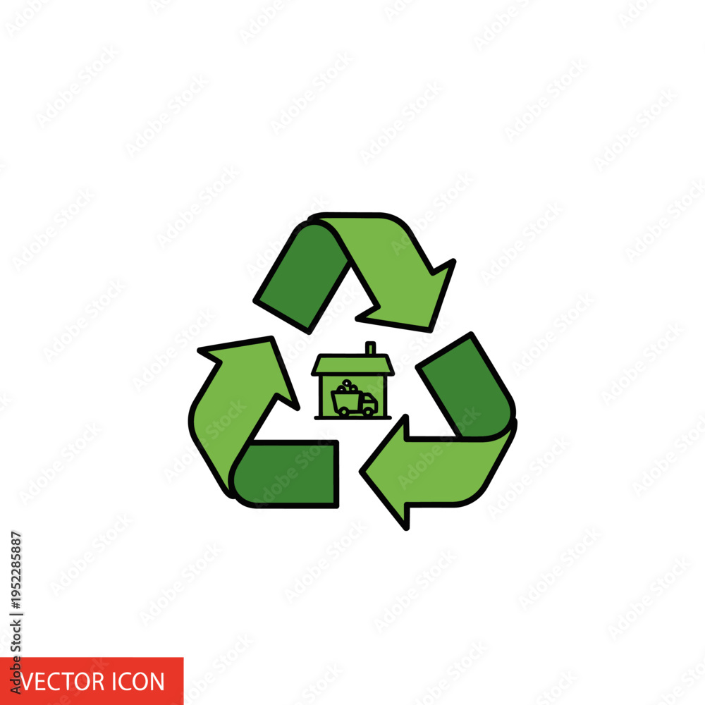 Obraz premium Recycling symbol with house and truck icon, eco-friendly logistics, sustainable city concept