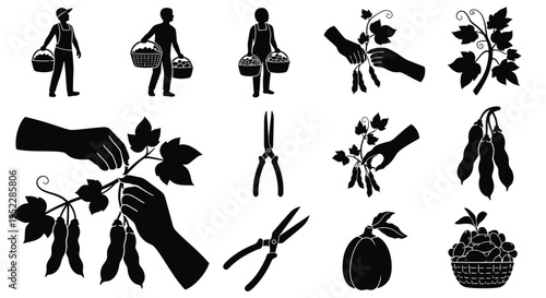 Black silhouettes depicting harvesting gardening and various produce items