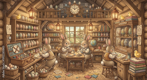 Easter Bunny Workshop
Inside a cozy wooden workshop where bunnies are hand-painting intricate Easter eggs, shelves full of colors and patterns, warm lighting, highly detailed