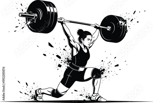 Weightlifter performing overhead split jerk silhouette, strength training artwork, dynamic sports illustration, fitness power concept, athletic motion representation design