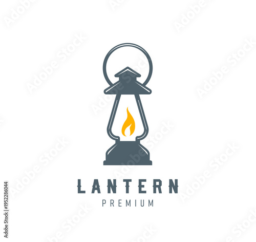 House rustic lantern lamp icon with burning fire flame, vector emblem for company or corporate badge. Retro vintage lantern or kerosene oil lamp with round handle for home interior design studio