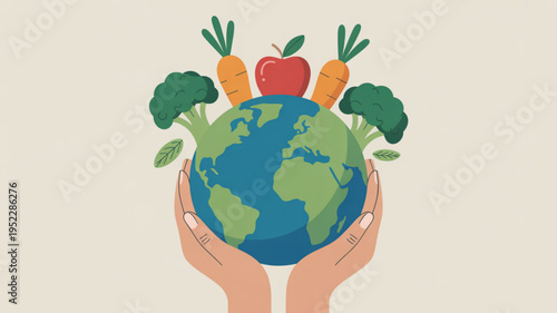 Hands holding earth globe with fresh vegetables and fruits symbolizing eco friendly living and sustainable nutrition