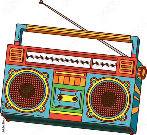 Cartoon groovy music or sound cassette player with rainbow colors, vector icon. Retro and Y2K music radio cassette player or boombox for 90s or 80s disco tape recorder and groovy pop art symbols