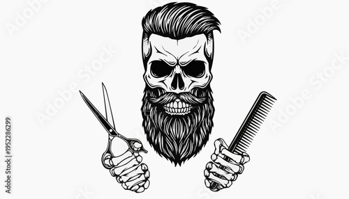 Skull barber illustration with beard hairstyle scissors comb and edgy black tattoo art design