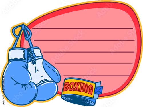 Boxing sport memo note frame for message sticker or task plan, vector template. Adhesive post or daily to do list plan of paper page with boxing sport gloves and equipment items for kids memo note
