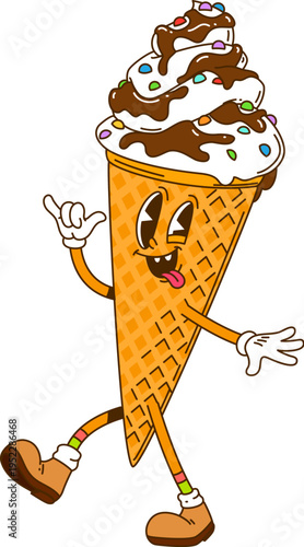 Cartoon groovy ice cream or retro gelato desert sweet character, vector funny personage. Groovy ice cream gelato character in wafer cone with chocolate syrup, freaky face and yummy tongue out